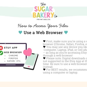 Op de afbeelding: Afbeelding met de tekst "Hoe u toegang krijgt tot uw bestanden" en "Gebruik een webbrowser". Het toont een laptop en een smartphone, met een hartje. Het Sugar Bakery Co. logo staat bovenaan.