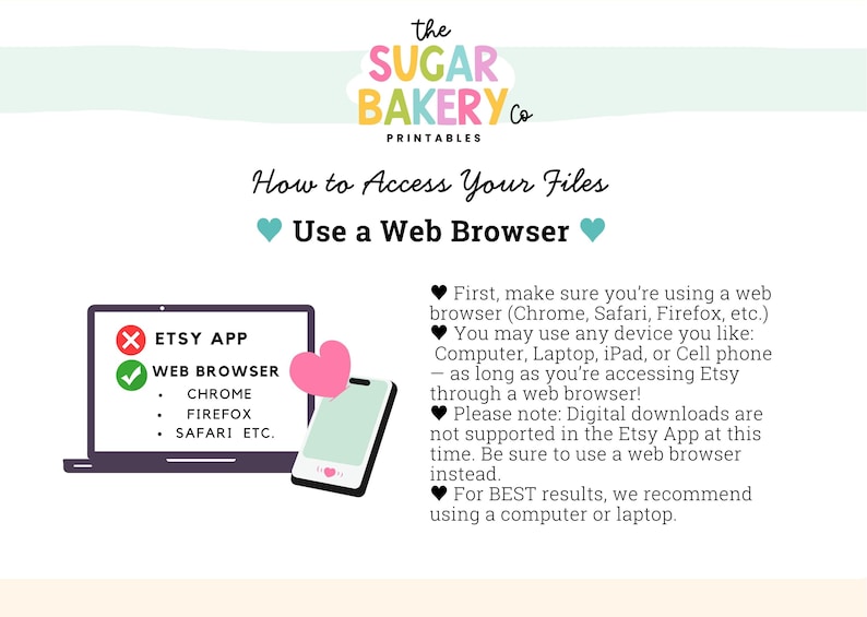 Op de afbeelding: Afbeelding met de tekst "Hoe u toegang krijgt tot uw bestanden" en "Gebruik een webbrowser". Het toont een laptop en een smartphone, met een hartje. Het Sugar Bakery Co. logo staat bovenaan.