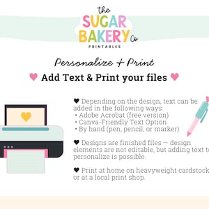 Op de afbeelding: Printbare afbeelding van The Sugar Bakery Co. met de tekst "Personaliseer + Print". De afbeelding bevat een printerpictogram, een pen en instructies voor het toevoegen van tekst aan de bestanden.