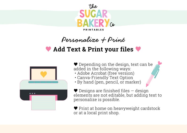 Op de afbeelding: Printbare afbeelding van The Sugar Bakery Co. met de tekst "Personaliseer + Print". De afbeelding bevat een printerpictogram, een pen en instructies voor het toevoegen van tekst aan de bestanden.