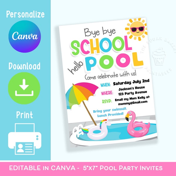 EDITABLE End of School Pool Party Invitation, Printable Bye Bye School Hello Pool Card, Last Day School Backyard BBQ Celebration Pool Party