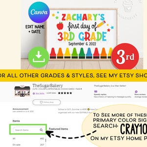 May include: A printable sign for a child's first day of school. The sign is decorated with crayons and says "Zachary's first day of 3rd grade" with the date September 6, 2022. The sign is available for download from the Etsy shop TheSugarBakery.
