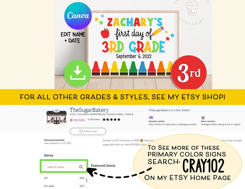 May include: A printable sign for a child's first day of school. The sign is decorated with crayons and says "Zachary's first day of 3rd grade" with the date September 6, 2022. The sign is available for download from the Etsy shop TheSugarBakery.
