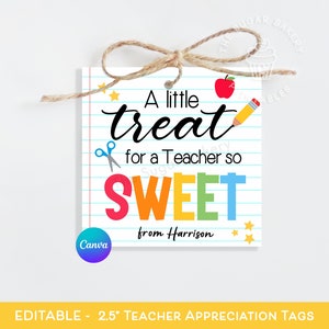 Teacher Appreciation TAG, tag voor zoete traktatie, bedanktag voor leraar, BEWERKBARE LERAAR-tag, afdrukbare dank voor leraar, cadeau voor leraar Tag