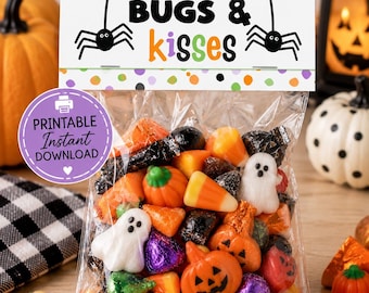 Bugs & Kisses Halloween TREAT Bag TOPPER, Halloween Treat Bag Topper printable, goodie bag favor snack bag for kids, Bugs Kisses bag topper