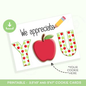 Lehrer Apple APRECIATION Cookie Karte, 3,5 "x5" und 5 "x7" Ende des Jahres Lehrer Anerkennung Geschenk, druckbare Lehrer Danke Cookie Karte."