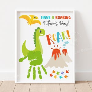 Impronta della mano del dinosauro per la festa del papà, artigianato artistico stampabile per la festa del papà, regalo per la festa del papà da parte di figlio e figlia, ricordo per bambini, artigianato artistico con dinosauro.