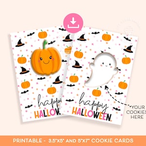 Carte à biscuits Happy Halloween, mini carte à biscuits 3,5 x 5, carte à biscuits 5 x 7, carte à biscuits citrouille fantôme sorcière chat, carte à biscuits Halloween imprimable