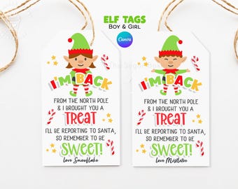 I'M BACK ELF tags, Editable Christmas Elf Tags, Elf arrival, Elf return Tag, Elf Christmas Printable, Elf Return from North Pole Printable