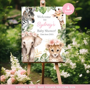 EDITABLE Baby Shower Welcome Sign, SAFARI Welcome Sign for Baby Shower, Printable 16x20 Welcome Sign Baby GIRL floral Safari Jungle Sign