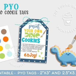 PYO Dino COOKIETAG, 2 x 3 en 2,5 x 3,75 inch Verf je eigen koekjeslabel, Pyo-koekjesinstructies en -instructies, instructies voor koekjesset dinosaurus