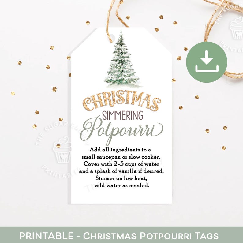 Christmas Potpourri tag printable christmas tree green and gold