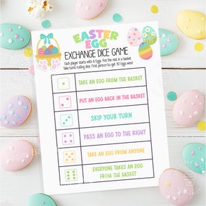 May include: A printable Easter egg exchange dice game with instructions. The game board has six colourful dice with different actions for players to follow. The actions include: take an egg from the basket, put an egg back in the basket, skip your turn, pass an egg to the right, take an egg from anyone, and everyone takes an egg from the basket.