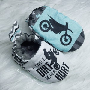 Baby Shoes | Little Dirt Never Hurt | Dirtbike Baby Moccasins |  Soft Sole Baby Slippers | Baby Shower | Motocross | Dirtbikes | Race Track