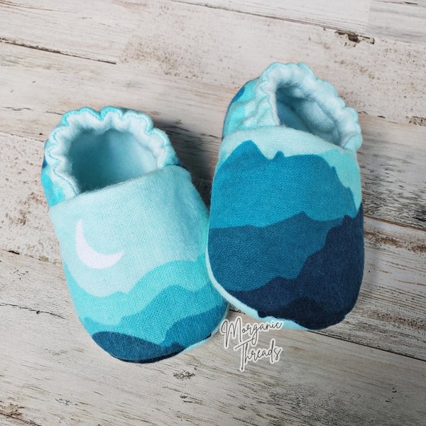 Baby Shoes | Moon Light Wilderness | Mountain Silhouettes | Adventure Baby | Wilderness Nursery | Boys Moccasins | Mountain Scape | Footwear