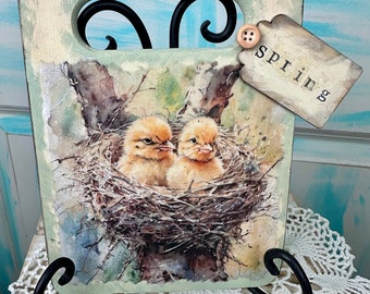 Spring Decor, Birds in a nest, Yellow Chicks, Easter Decor, Shelf Decor, Decorative Cutting Board, Bread Board, Table Top Decor