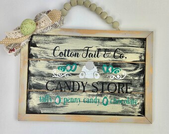 Easter Spring Wood Sign, Cotton Tail Candy Store Farmhouse Sign, Large Beaded Sign, Easter Decor, Door Hanger, Tiered Tray Decor, Spring