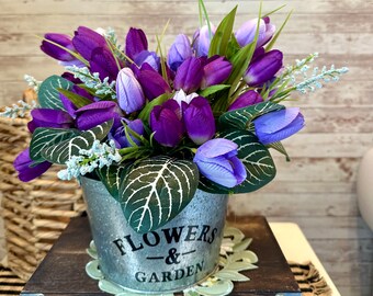 Tulip Arrangement, Faux Purple Tulips, Floral Table Decor, Centerpiece, Artificial Flowers