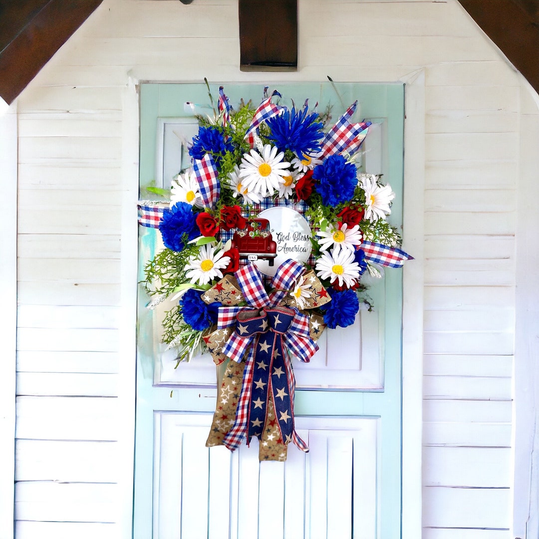 Patriotic Wreath God Bless America, Front Door Wreaths, Summer Wreath ...