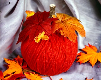 Charming Fall Pumpkin Decor, Orange, Fabric Yarn Pumpkin, Tiered Tray Seasonal Decor, Farmhouse, Rustic