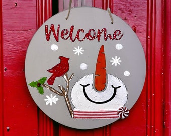 Snowman and Cardinal Door Hanger - Rustic Winter Welcome Sign with Red and White Ribbon Scarf