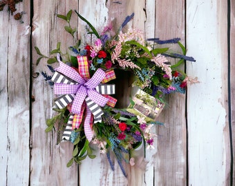 Flower Farmhouse Front Door Wreath, Wreaths, Country Rustic Decor, Door Wreath, Wreaths for Door