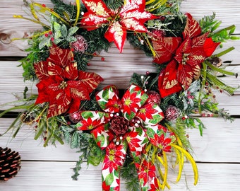 Large Poinsettia Wreath with Red Poinsettias, Winter Greenery, and Poinsettia Ribbon Bow - Christmas Front Door Decor, Holiday Door