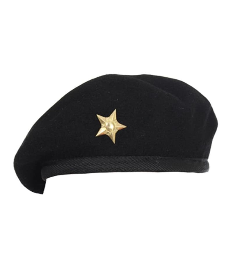 May include: A black beret with a gold star badge.