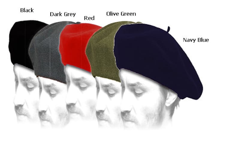May include: Five berets in different colours: black, dark grey, red, olive green, and navy blue. Each beret is worn by a person with a neutral expression.