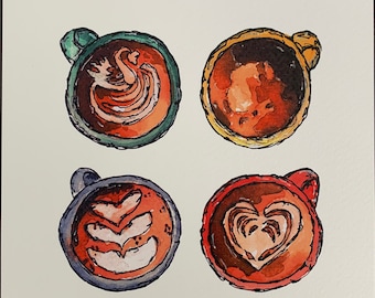 Original Latte Art Watercolour print - Heart, Swan, Tulip, Black Coffee and All Four Cups