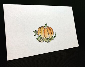 Original Watercolour Autumn Greeting Card, with a pumpkin and vines.