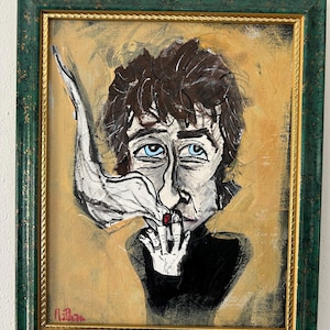Dylan in Smoke 8”x10” acrylic on canvas. Bob Dylan self portrait smoking. Hand Painted