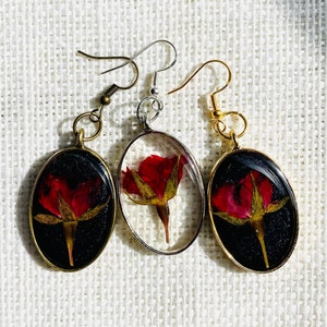 Handmade Hypoallergenic Bronze, Gold, Or Silver Presses Rose Flower Dangle Teardrop Earrings Made With Resin And Real Roses