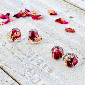 Flower Earrings, Resin Earring, Hypoallergenic Rose Stud Earrings, Cute Earrings, Real Flower Jewelry, Summer earrings, Heart Earrings