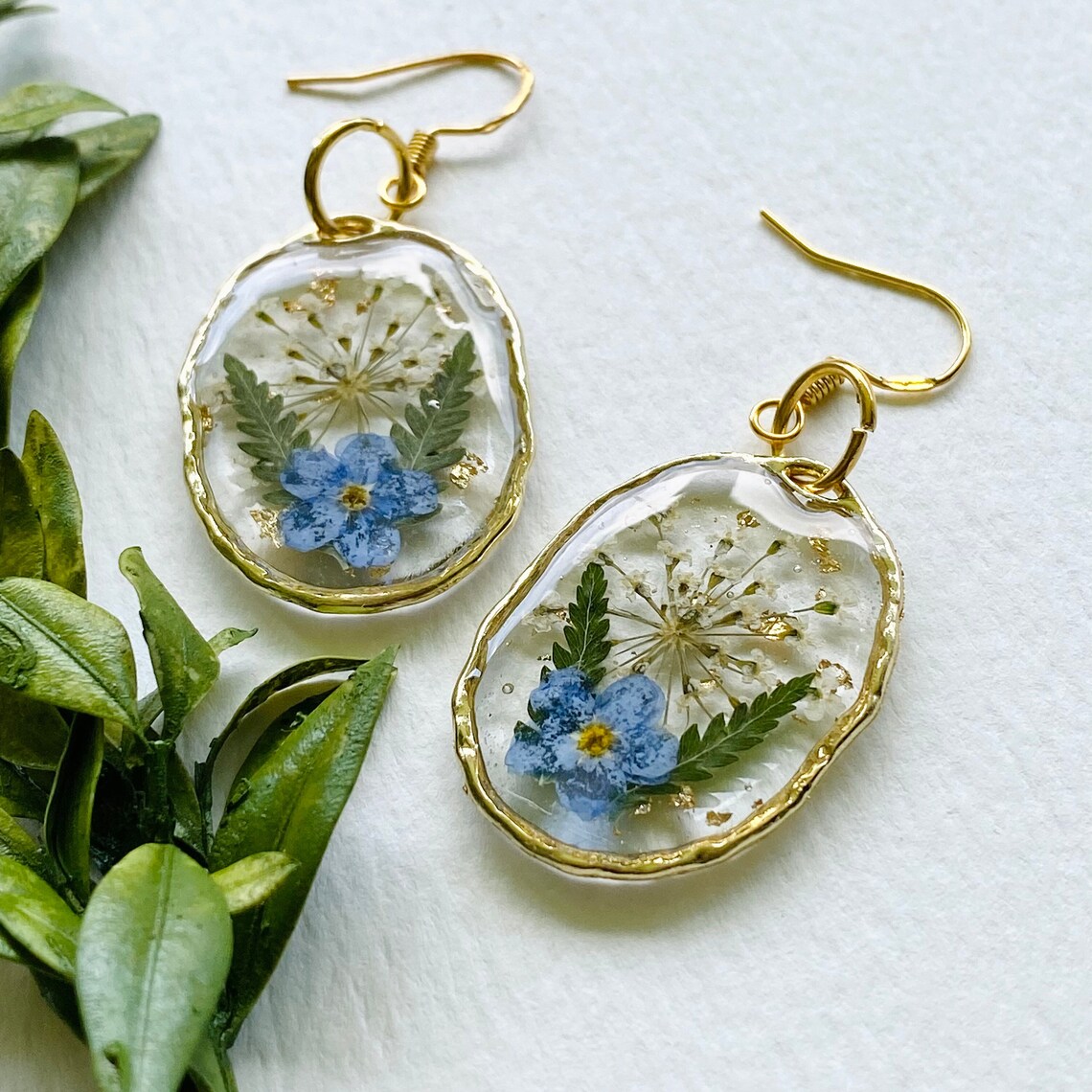 Resin Flower Earrings Me Not Flower Earrings Gold Etsy