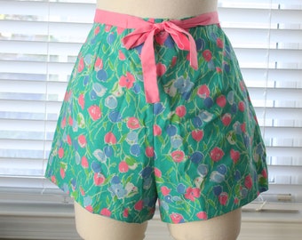 1960s Green and Pink Floral Shorts with Tie Belt