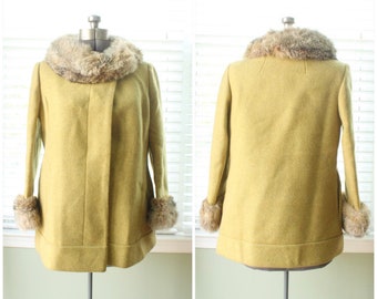 1970er Jahre Chartreuse Wolle Jacke mit Kaninchen Kragen und Manschetten