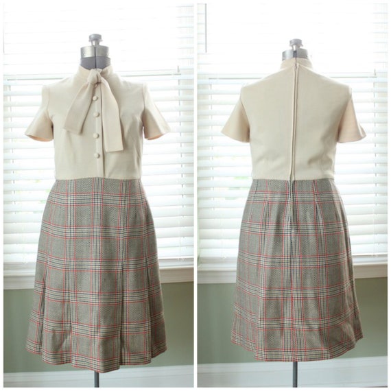 1970s Dress with Pussy Bow and Wool Check Skirt - image 1