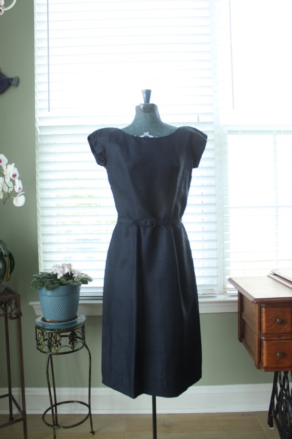 1950s-1960s Navy Silk Dress and Jacket set with P… - image 2