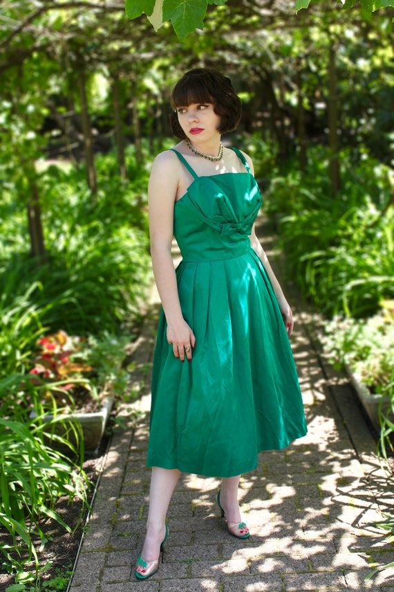 emerald green satin cocktail dress