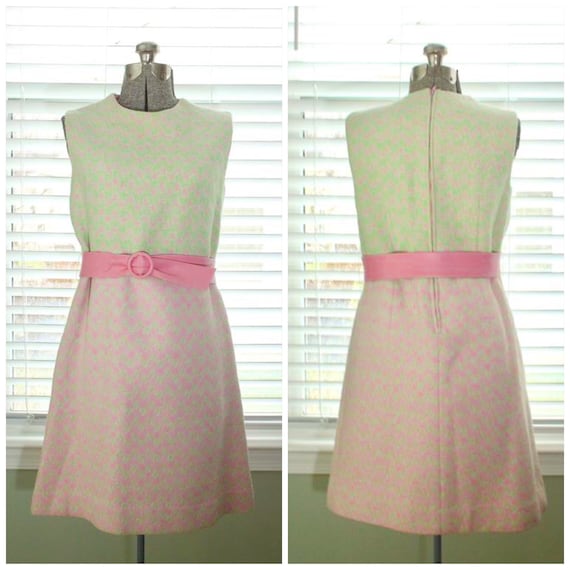 1960s Mod Green and Pink Wool Mini Dress