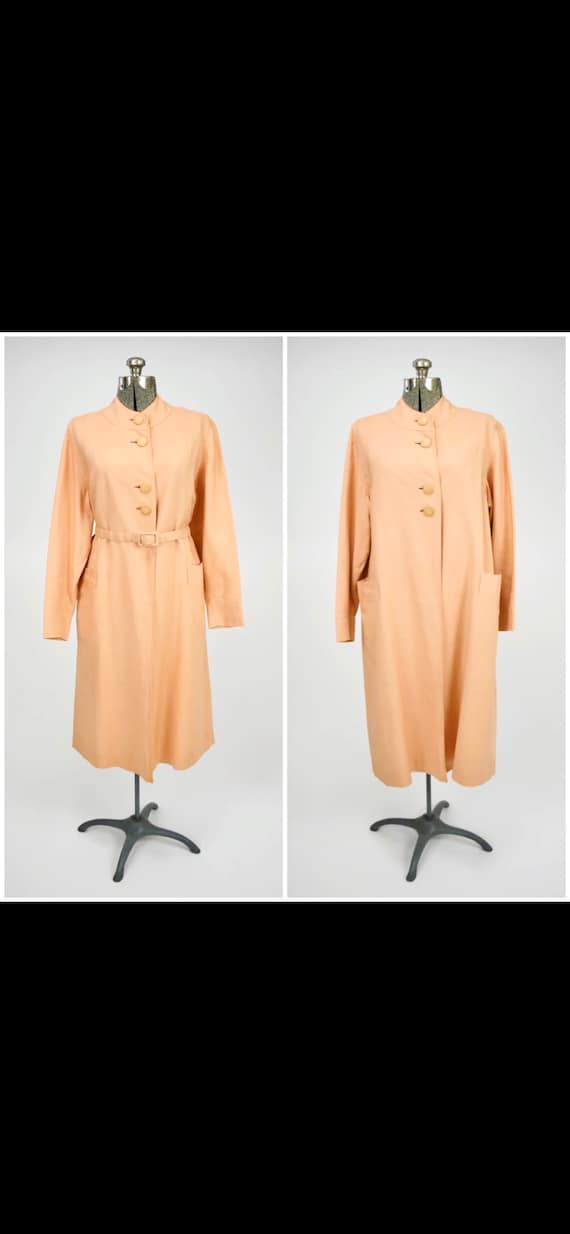 1960s Pale Peach Linen Coat Dress with Bucket Poc… - image 1