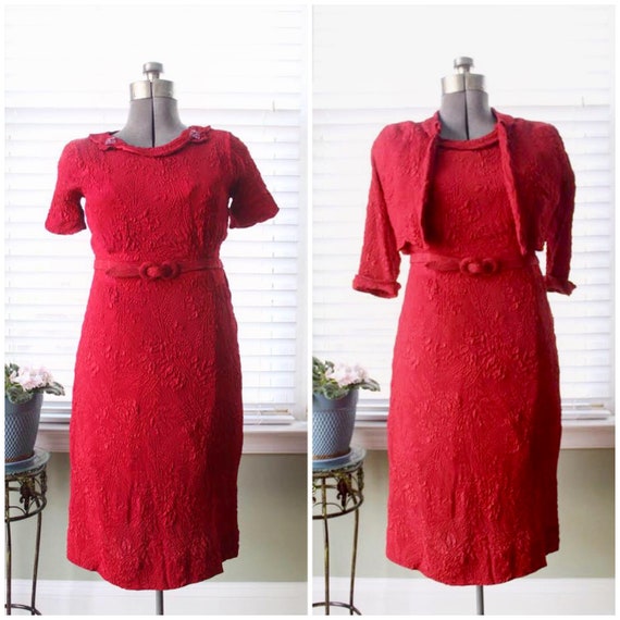 1940s Lipstick Red Brocade Wiggle Dress with Matc… - image 1