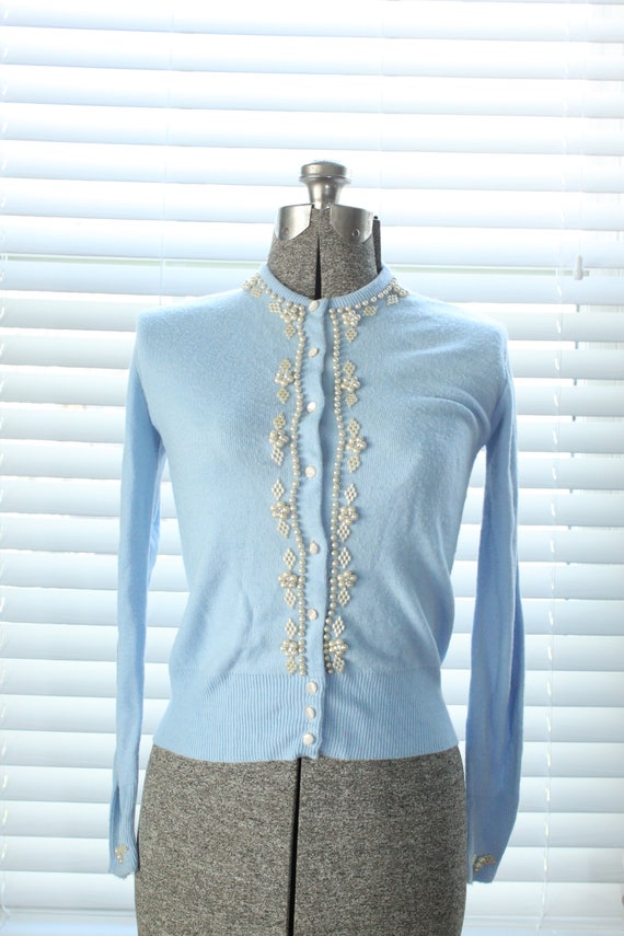 1950s Baby Blue Beaded Cardigan