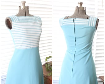 1970s Blue and White Striped Sears Maxi Dress