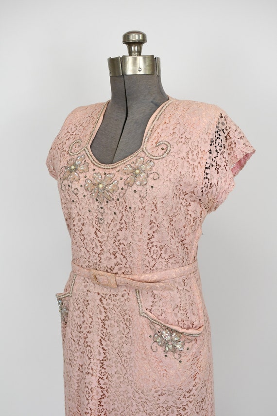 Early 1950s Pink Lace Dress with Beaded Collar an… - image 3