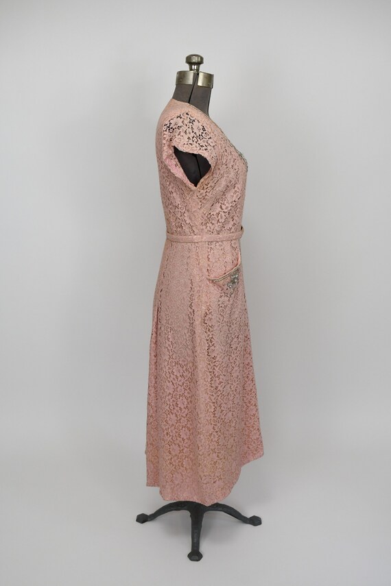 Early 1950s Pink Lace Dress with Beaded Collar an… - image 5