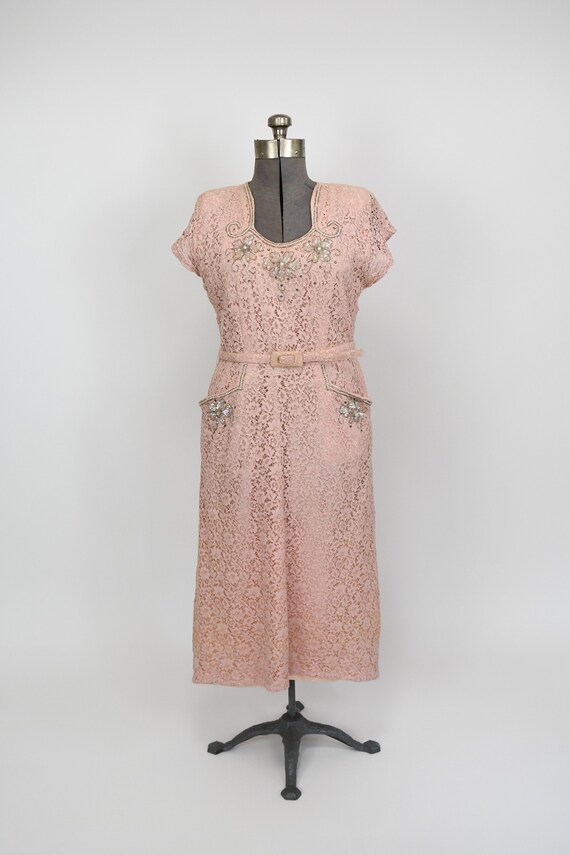 Early 1950s Pink Lace Dress with Beaded Collar an… - image 2