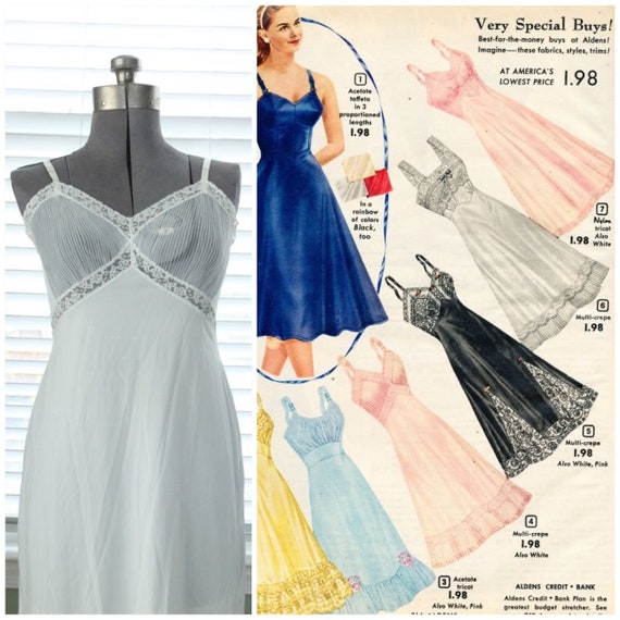 1950s Nylon Nightgown/Slip with Sheer, Striped Cu… - image 1