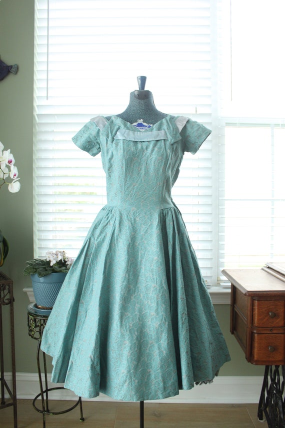 1950s Aqua Brocade Minx Modes Party Dress with Ri… - image 2